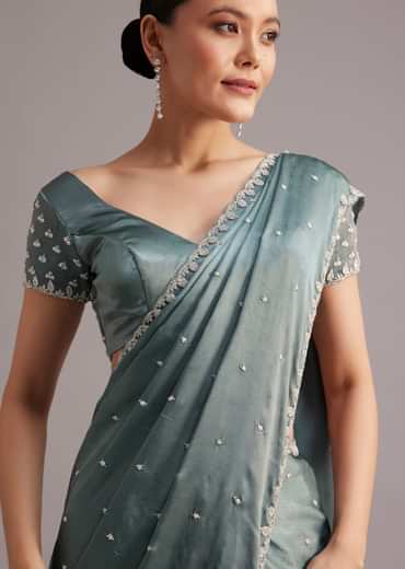 Teal Green Satin Saree Embroidered With Stones And Diamonds