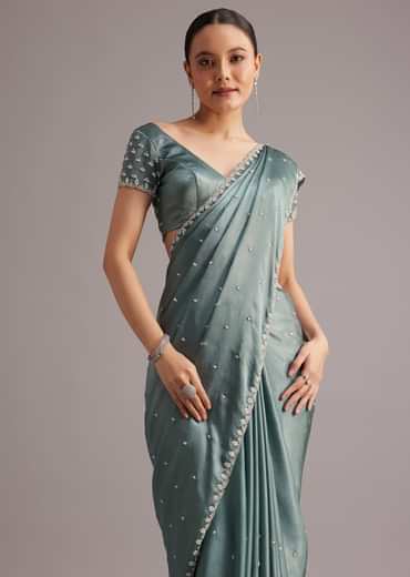 Teal Green Satin Saree Embroidered With Stones And Diamonds