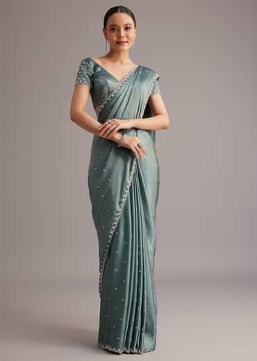 Teal Green Satin Saree Embroidered With Stones And Diamonds