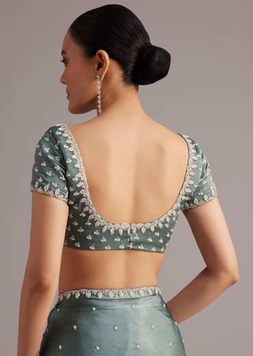 Teal Green Satin Saree Embroidered With Stones And Diamonds