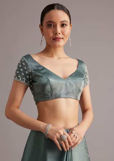 Teal Green Satin Saree Embroidered With Stones And Diamonds