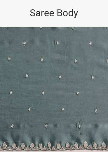 Teal Green Satin Saree Embroidered With Stones And Diamonds
