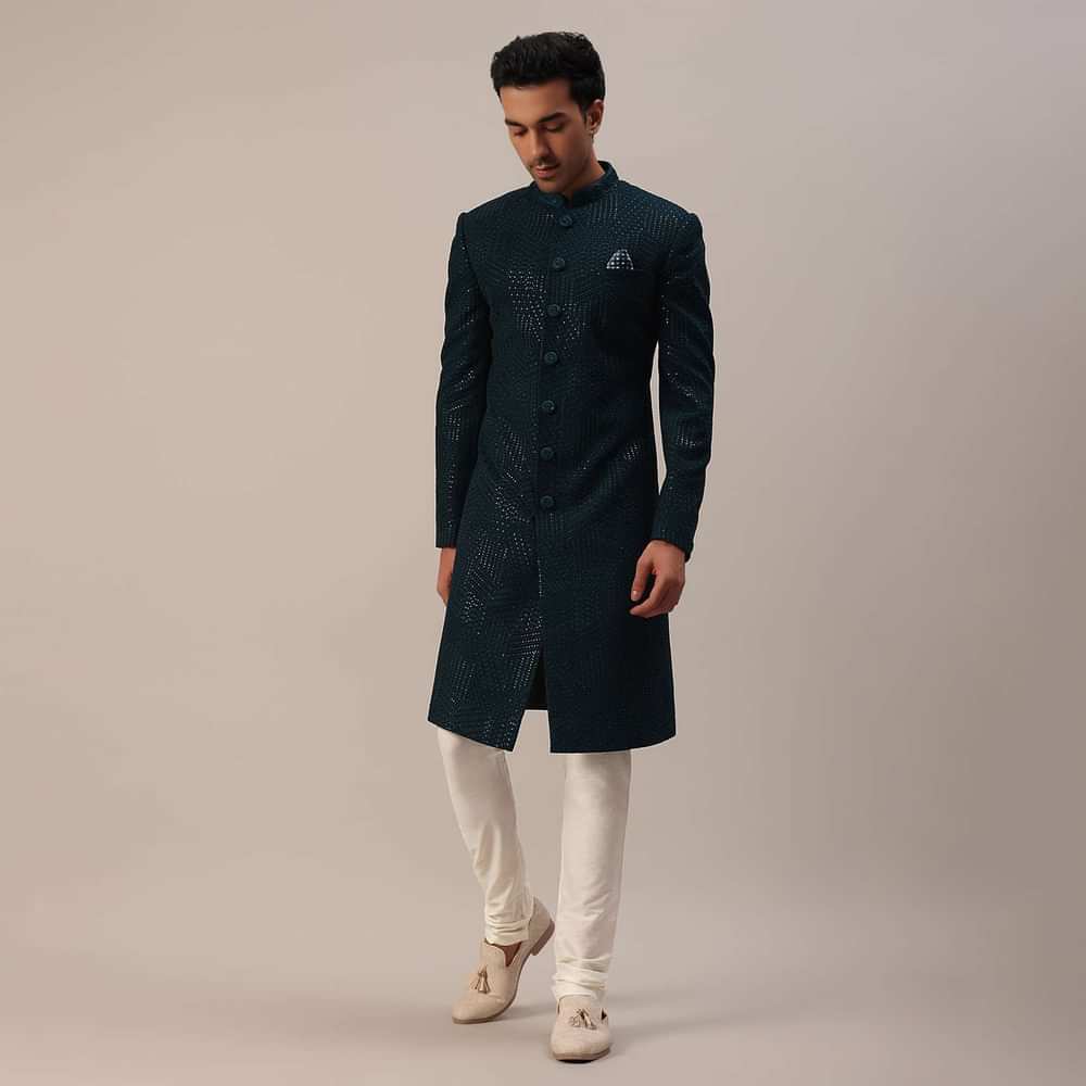 Teal Green Sherwani Set With Thread And Sequins Embroidery