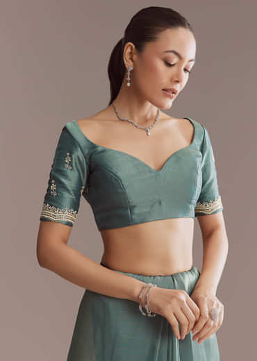 Teal Green Silk Saree With Bead And Sequin Embroidery
