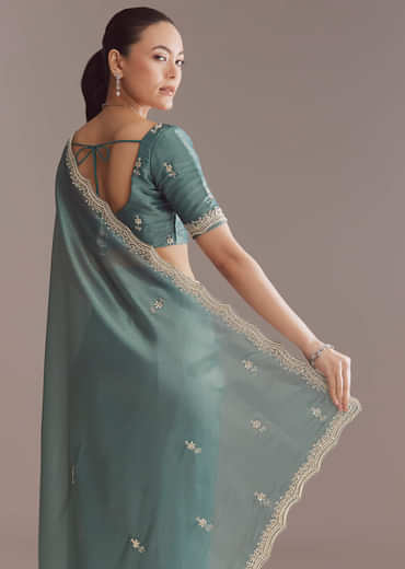 Teal Green Silk Saree With Bead And Sequin Embroidery