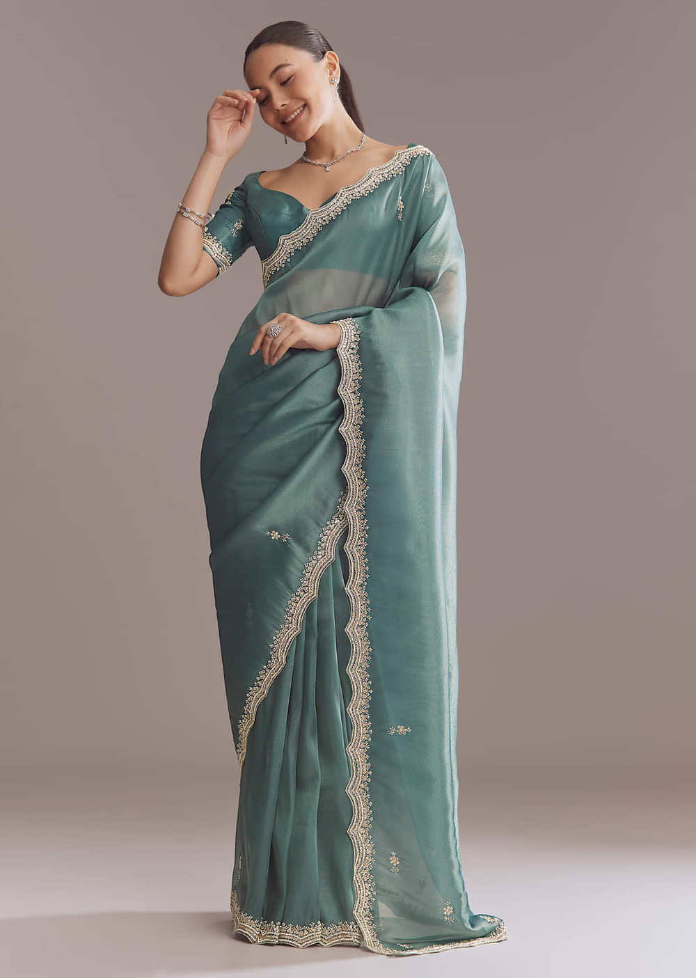 Teal Green Silk Saree With Bead And Sequin Embroidery