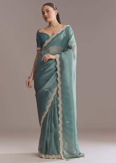 Teal Green Silk Saree With Bead And Sequin Embroidery