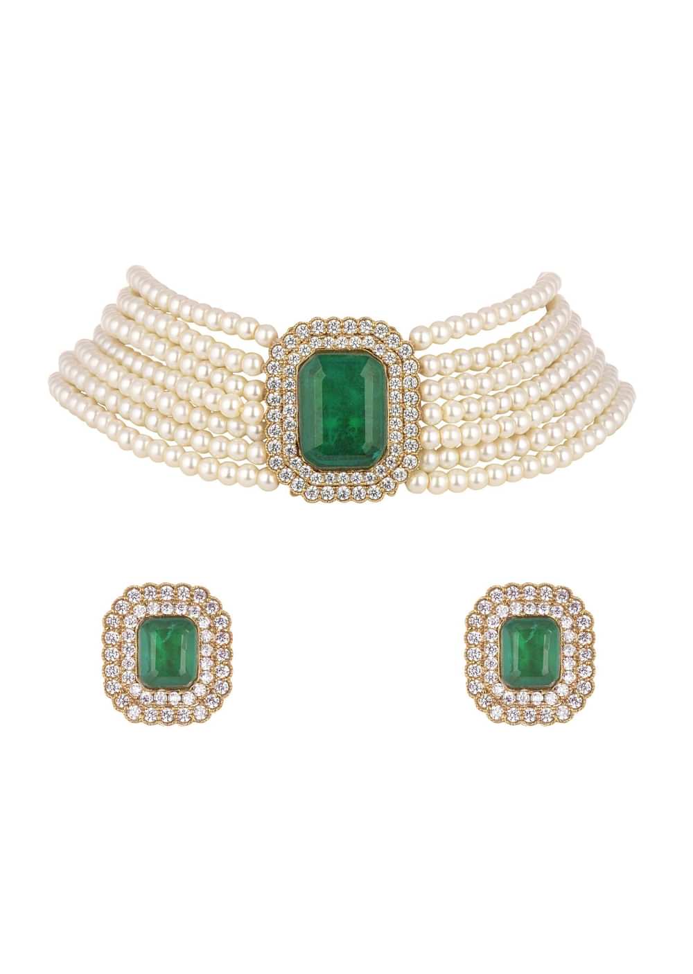 Teal Green Studded Pearl Choker In Mix Metal