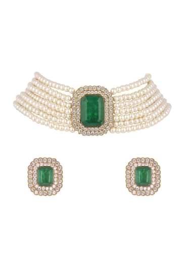 Teal Green Studded Pearl Choker In Mix Metal