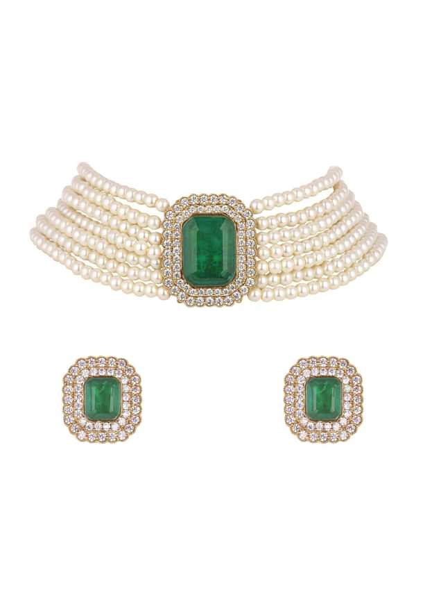 Teal Green Studded Pearl Choker In Mix Metal