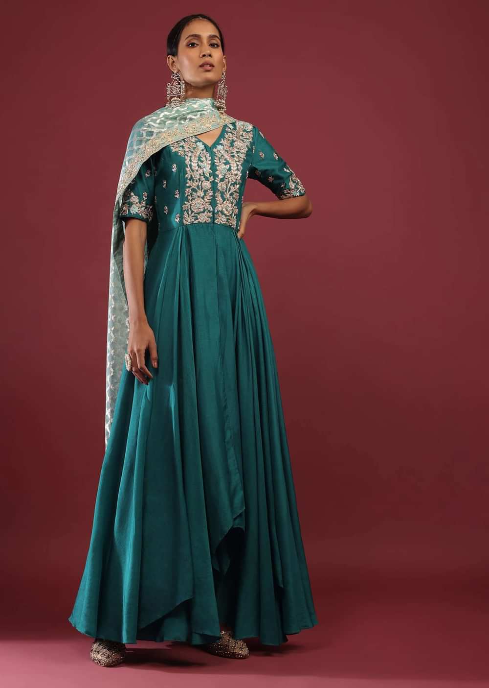Teal Blue High Low Anarkali Suit With A Front Slit, Zardosi Floral Embroidery And Mint Lurex Dupatta