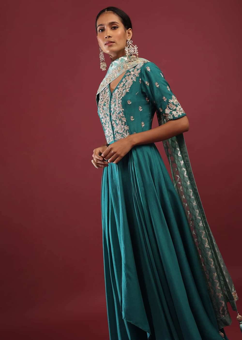 Teal Blue High Low Anarkali Suit With A Front Slit, Zardosi Floral Embroidery And Mint Lurex Dupatta