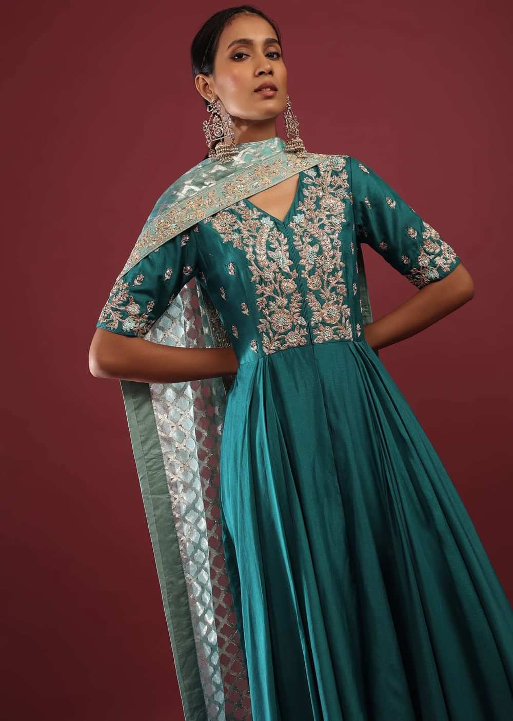 Teal Blue High Low Anarkali Suit With A Front Slit, Zardosi Floral Embroidery And Mint Lurex Dupatta