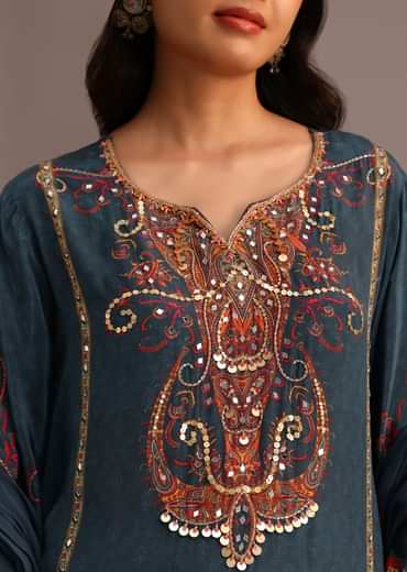 Teal Printed Kurti Pant Set With Chiffon Dupatta
