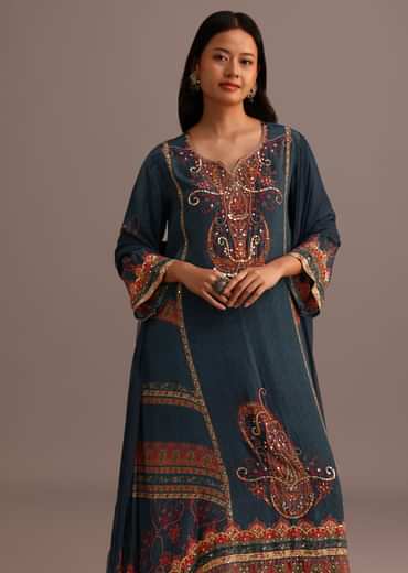 Teal Printed Kurti Pant Set With Chiffon Dupatta