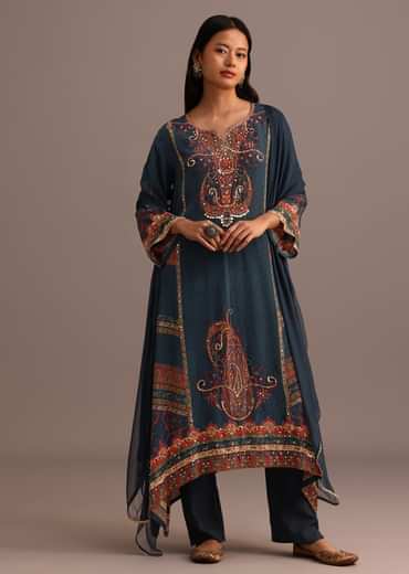 Teal Printed Kurti Pant Set With Chiffon Dupatta