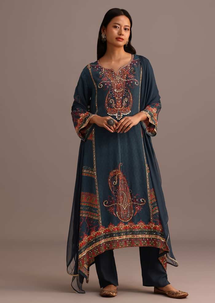 Teal Printed Kurti Pant Set With Chiffon Dupatta