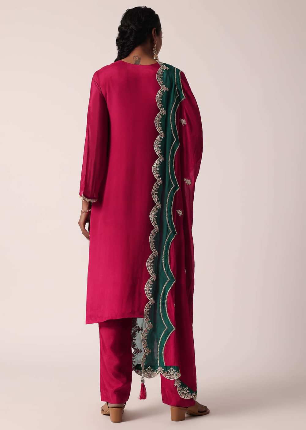 Teal Silk Pakistani Pant Set With Zari Work
