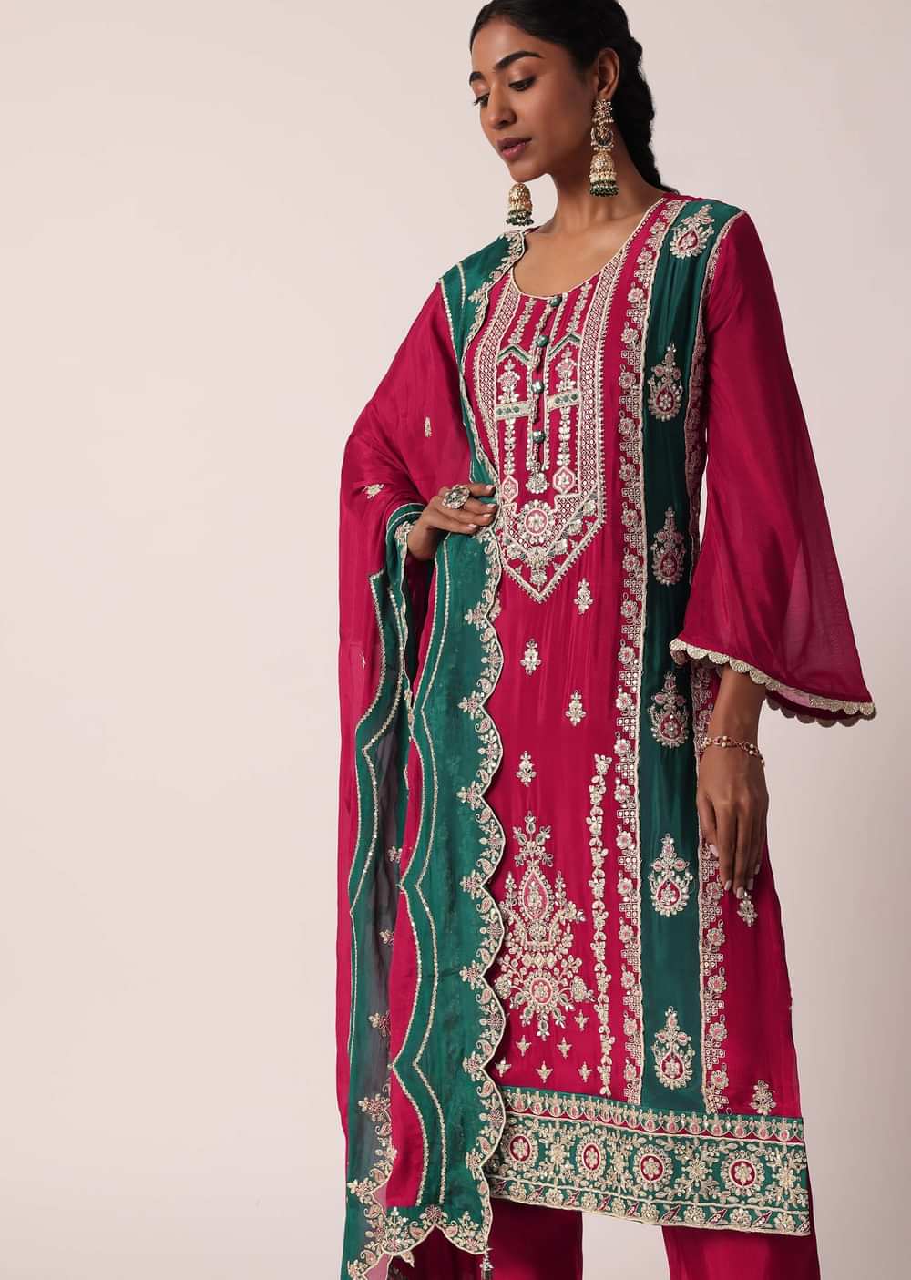 Teal Silk Pakistani Pant Set With Zari Work