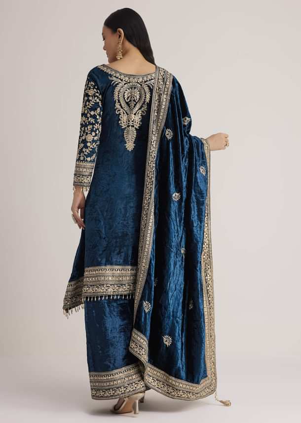 Teal Velvet Embroidered Palazzo Suit