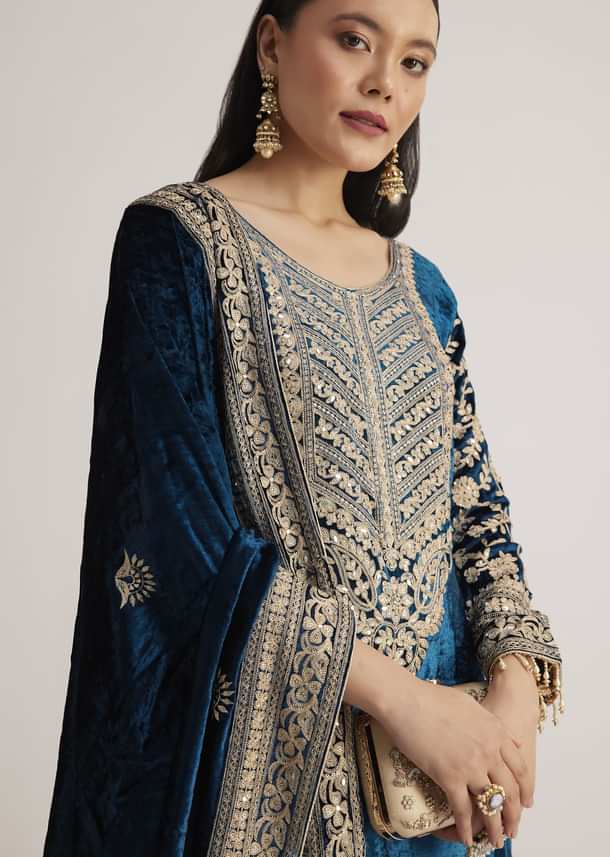 Teal Velvet Embroidered Palazzo Suit