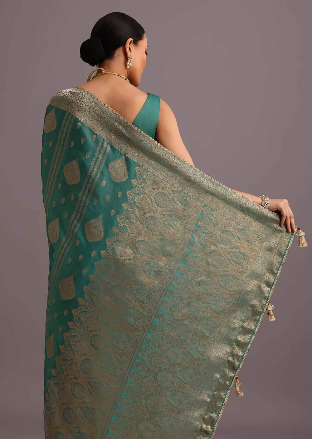 Teal Zari Work Satin Silk Woven Saree And Brocade Border