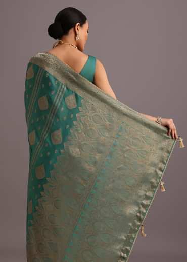 Teal Zari Work Satin Silk Woven Saree And Brocade Border