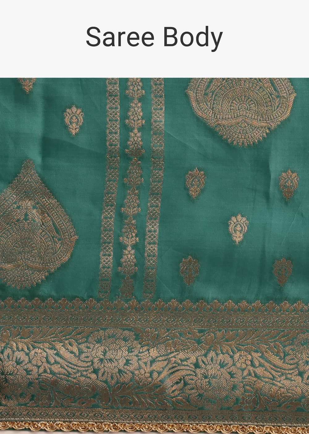 Teal Zari Work Satin Silk Woven Saree And Brocade Border