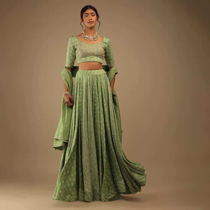 Tendril Green Lehenga With Choli Set In Digital Bandhani Print, Choli Comes In Zari And Sequins Embroidery Buttis