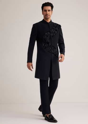 Black Velvet Indowestern Set With Cut Work Embroidery