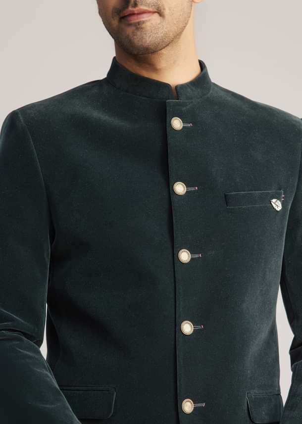 Green Velvet Jodhpuri Suit With Pocket Square