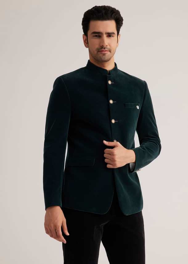 Green Velvet Jodhpuri Suit With Pocket Square