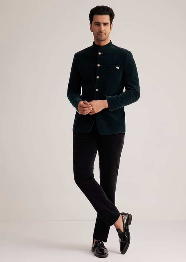 Green Velvet Jodhpuri Suit With Pocket Square