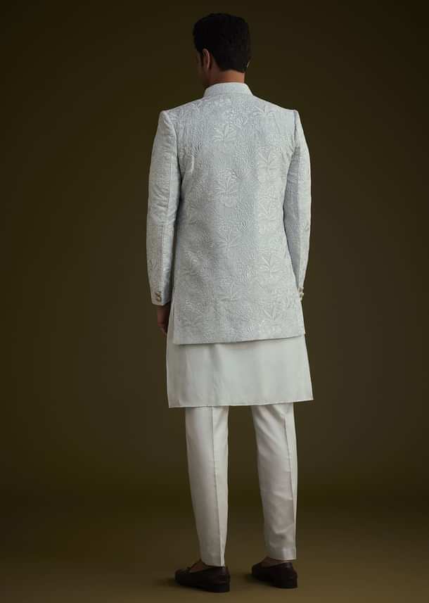 Ice Blue Silk Sherwani Set With Floral Resham And Mirror Work Ice Blue Silk Sherwani Set With Floral Resham And Mirror Work