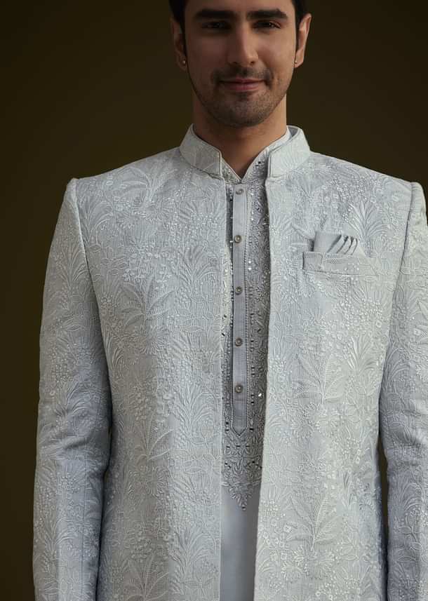 Ice Blue Silk Sherwani Set With Floral Resham And Mirror Work Ice Blue Silk Sherwani Set With Floral Resham And Mirror Work