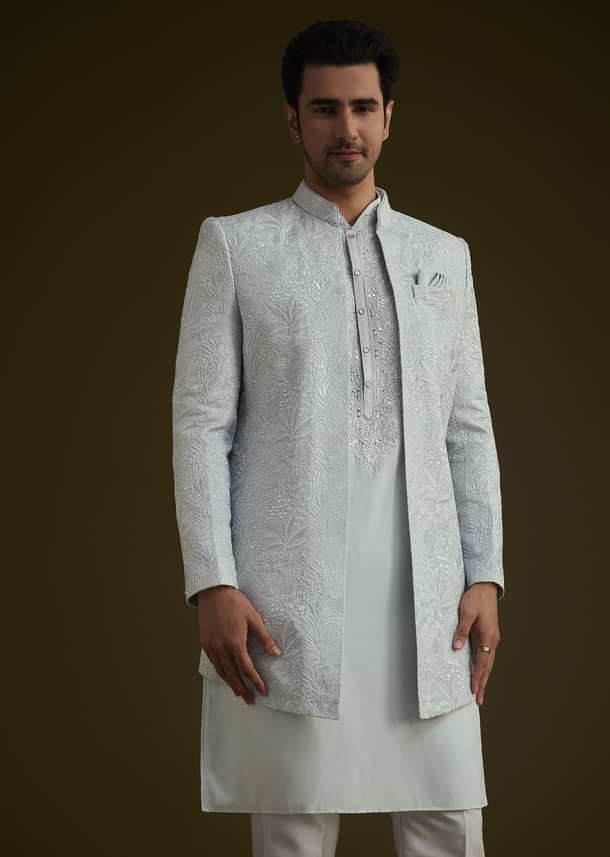 Ice Blue Silk Sherwani Set With Floral Resham And Mirror Work Ice Blue Silk Sherwani Set With Floral Resham And Mirror Work