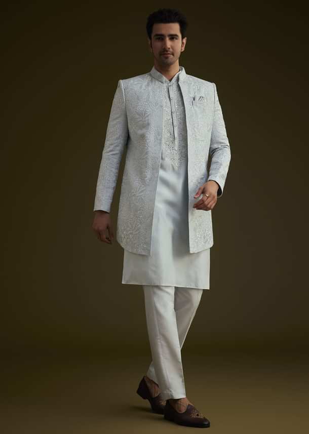 Ice Blue Silk Sherwani Set With Floral Resham And Mirror Work Ice Blue Silk Sherwani Set With Floral Resham And Mirror Work