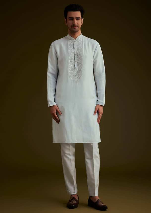 Ice Blue Silk Sherwani Set With Floral Resham And Mirror Work Ice Blue Silk Sherwani Set With Floral Resham And Mirror Work