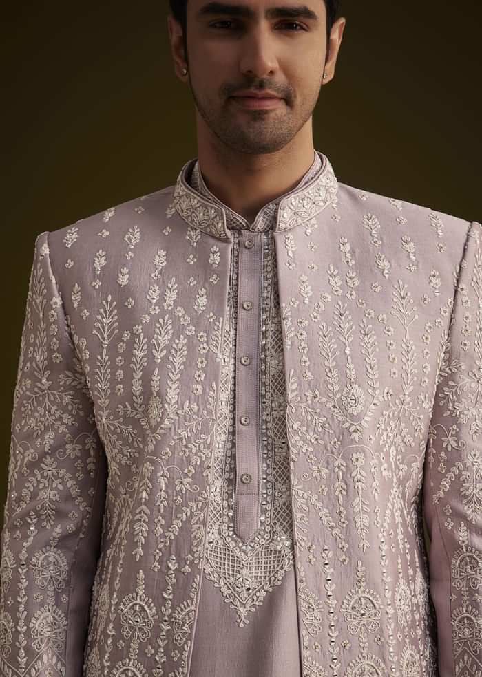 Lilac Silk Sherwani Set With Thread And Stone Work