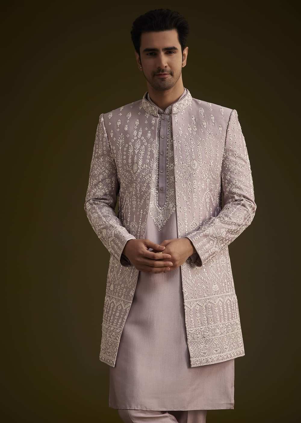 Lilac Silk Sherwani Set With Thread And Stone Work