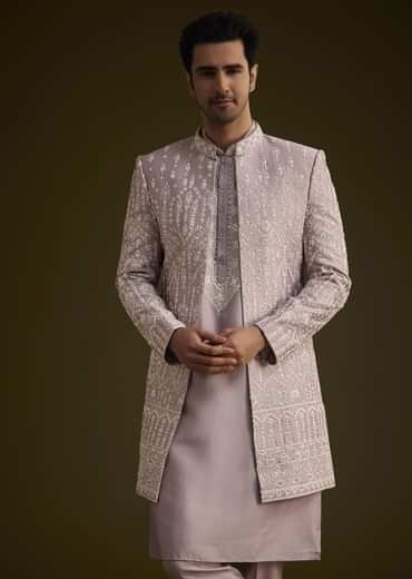 Lilac Silk Sherwani Set With Thread And Stone Work