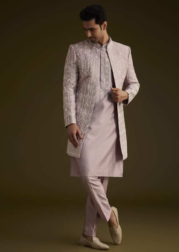 Lilac Silk Sherwani Set With Thread And Stone Work