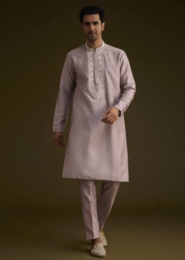 Lilac Silk Sherwani Set With Thread And Stone Work