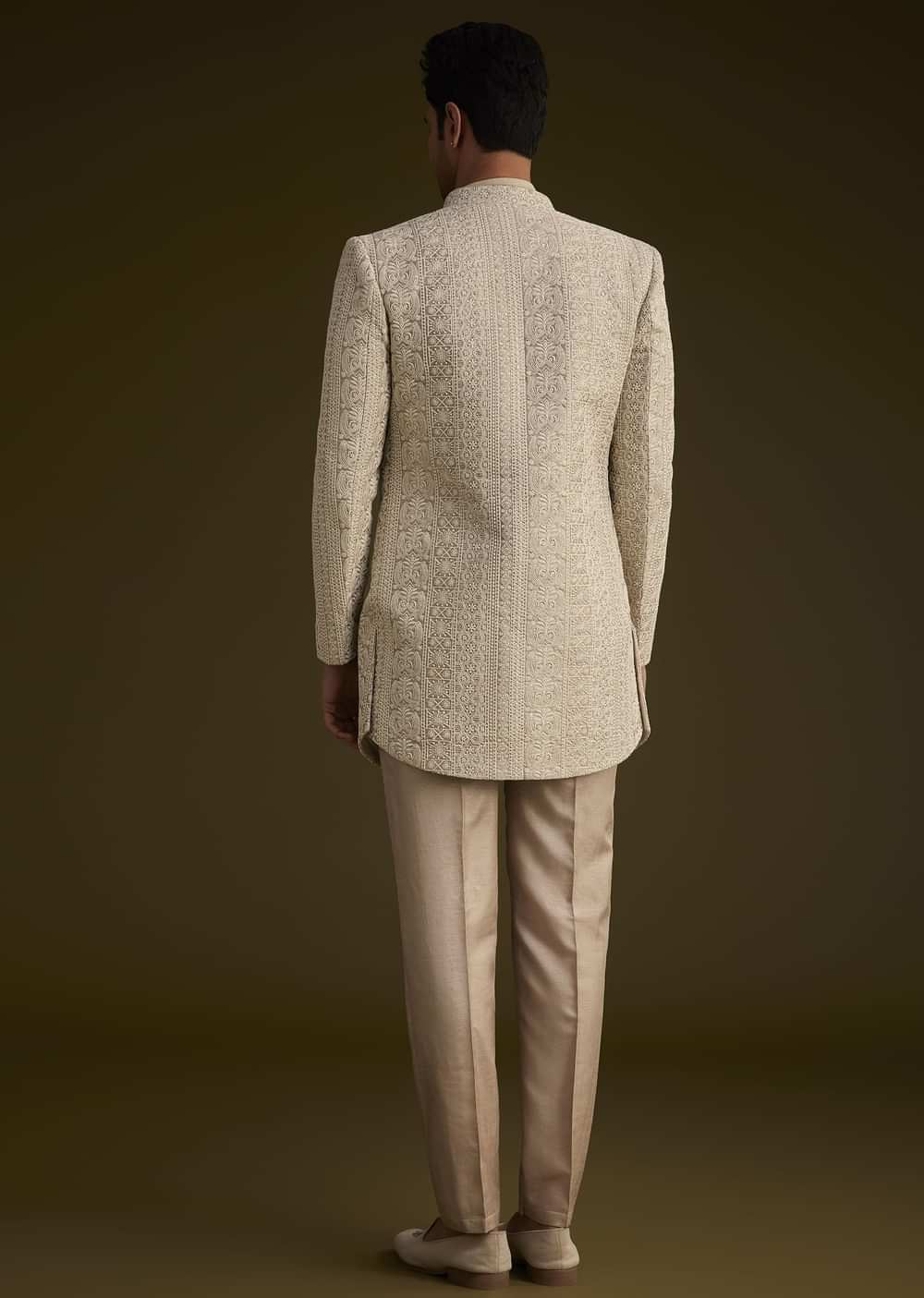 Brown Silk Open Style Sherwani Set With Resham Thread Work