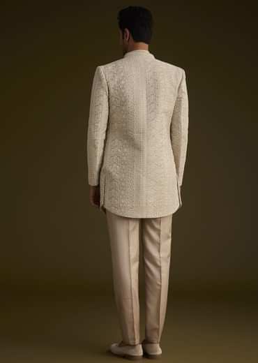 Brown Silk Open Style Sherwani Set With Resham Thread Work