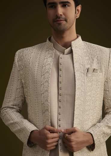 Brown Silk Open Style Sherwani Set With Resham Thread Work