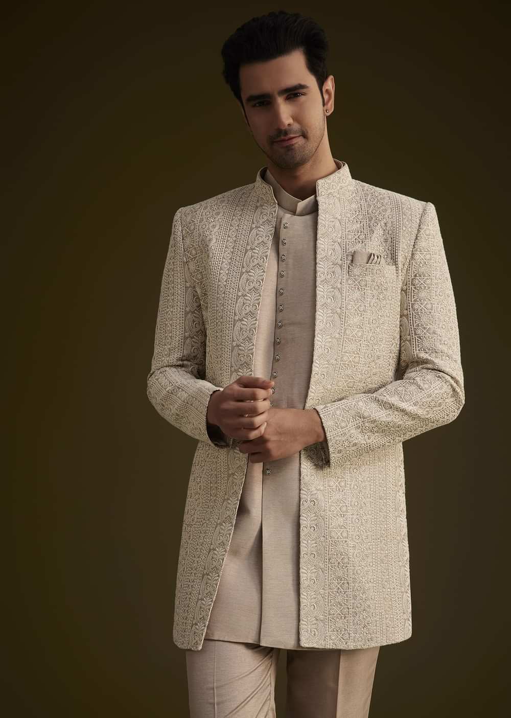 Brown Silk Open Style Sherwani Set With Resham Thread Work