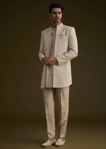 Brown Silk Open Style Sherwani Set With Resham Thread Work