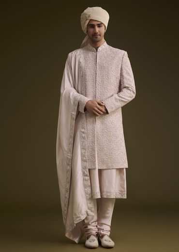 Onion Pink Raw Silk Sherwani Set With Dupatta