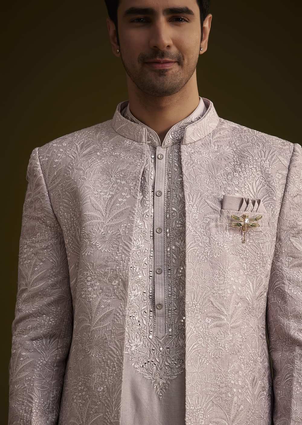 Wisteria Purple Silk Open Style Sherwani Set